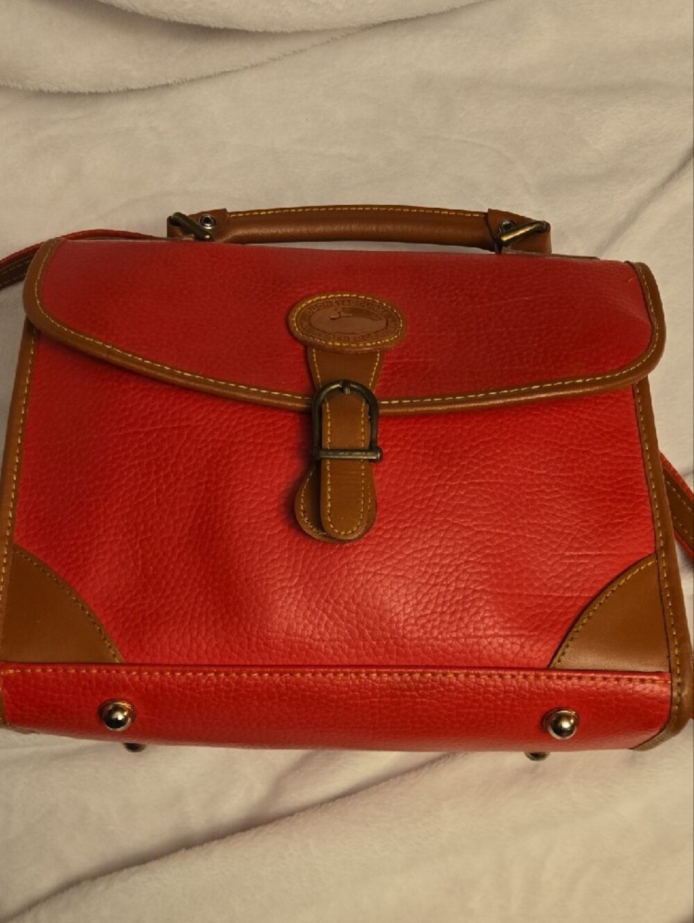 Dooney & Bourke Red Leather Satchel/Purse Set with Brown Trim - Picture 3 of 15